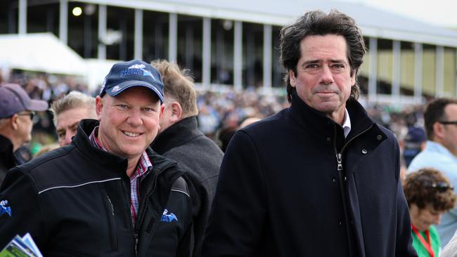 Gillon McLachlan (right) seen with syndicator Wylie Dalziel at Warrnambool on Wednesday. Picture: Vince Caligiuri/Getty Images