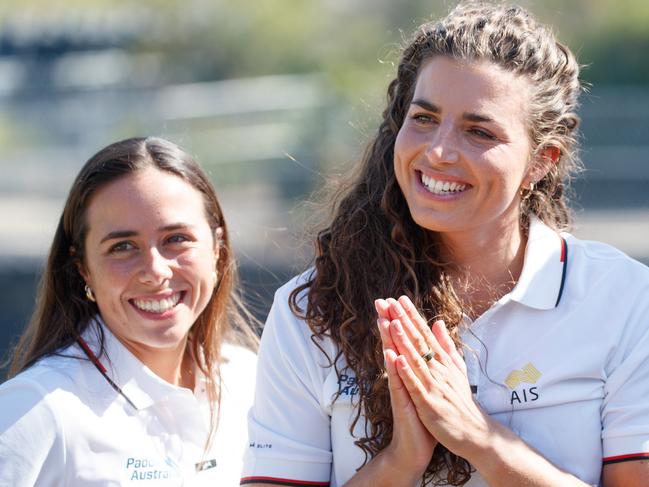 SYDNEY, AUSTRALIA - NewsWire Photos, September 4, 2024. Olympians Jess Fox (R) & sister Noemie Fox (L) at a press conference with NSW Premier Chris Minns to announce funding for the 2025 Canoe Slalom World Championships and also naming of Fox Island, part of the whitewater course infrastructure, at Penrith Whitewater Stadium. Picture: NewsWire / Max Mason-Hubers