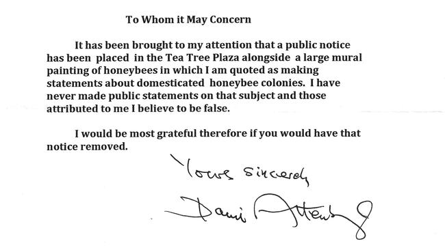 The letter from Sir David Attenborough to Tea Tree Plaza.