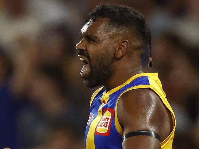 MELBOURNE, AUSTRALIA - MARCH 18: Liam Ryan of the Eagles celebrates kicking a goal during the round one AFL match between North Melbourne Kangaroos and West Coast Eagles at Marvel Stadium, on March 18, 2023, in Melbourne, Australia. (Photo by Daniel Pockett/Getty Images)