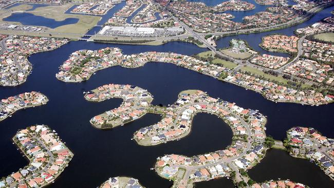 An aerial photograph of Clear Island Waters and its man-made lake system.