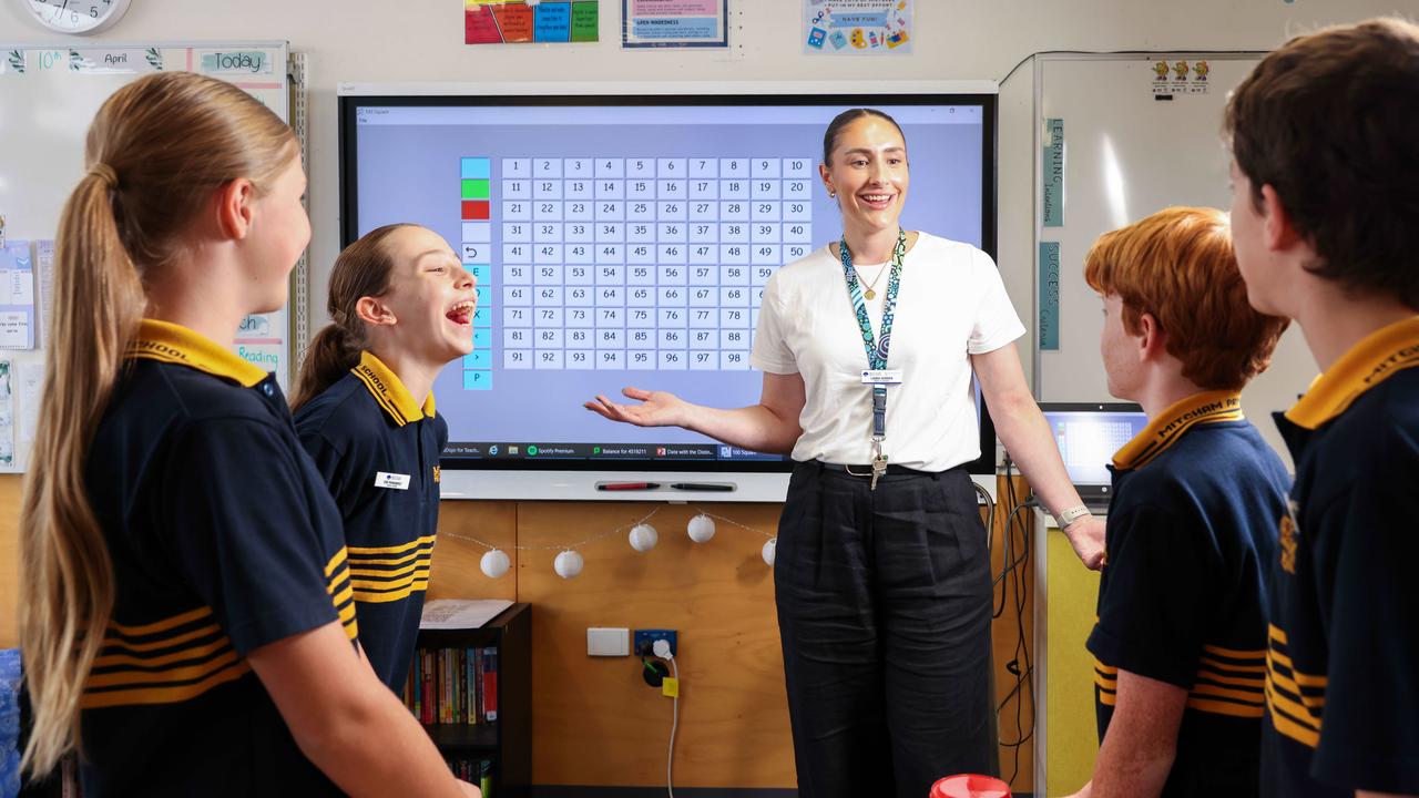 Mitcham Primary School maths co-ordinator Laura Scriven with students. Picture: Russell Millard