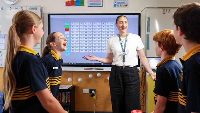 Mitcham Primary School maths co-ordinator Laura Scriven with students. Picture: Russell Millard