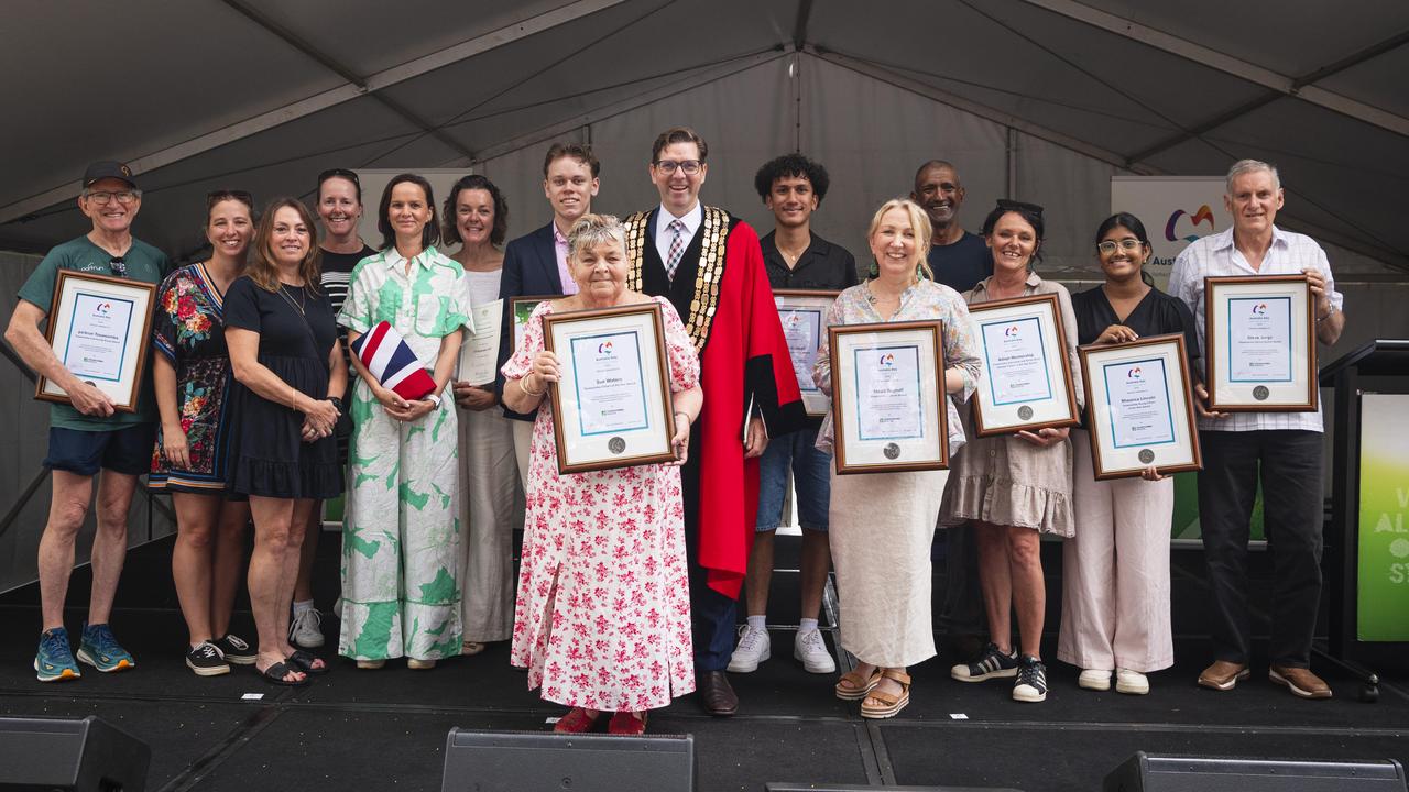 Toowoomba Australia Day award recipients (from left) Steve Antonio, Anna Jones, Lisa Salisbury and Margie Bryant (representing parkrun), Emily MacManus and Dr Tarn McLean (representing The Lighthouse), Zachary Vellacott, Sue Waters, Mayor Geoff McDonald, Iskcon Gyawali, Maud Bagnall, Adam and Susy Wenitong (representing Adapt Mentorship), Rheanca Lincoln and Steve Jurgs at Picnic Point, Sunday, January 26, 2025. Picture: Kevin Farmer