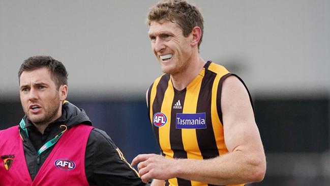 Ben McEvoy leaves the field after his injury. Picture: AAP Images