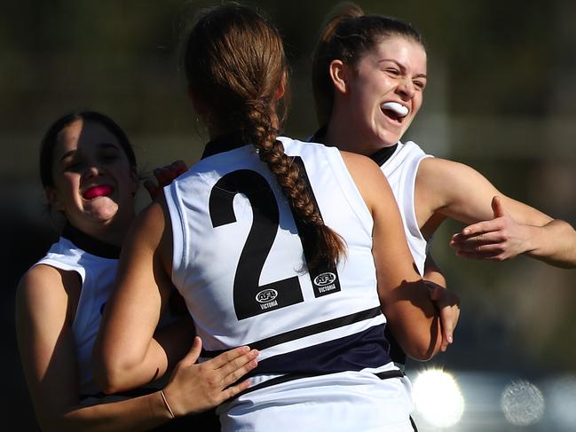 MELBOURNE, AUSTRALIA - MAY 18: Northern Knights players celebrate the goal of Ellie Mckenzie of the Knights during the NAB League Girls Preliminary Final match between the Northern Knights and the Eastern Ranges at Shepley Oval on May 18, 2019 in Melbourne, Australia. (Photo by Kelly Defina/AFL Photos/Getty Images)