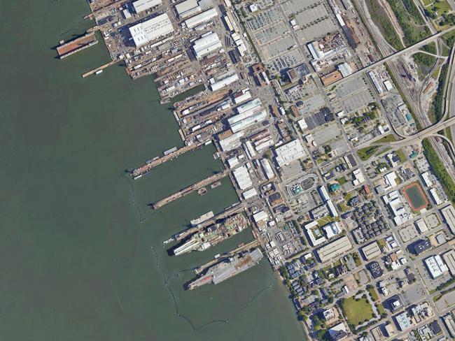 Newport Naval Base is situated just kilometres from Langley. It’s one of two major ports used by US nuclear-powered aircraft carriers. Three can be seen tied up to the wharves in the picture above. Source: Google Earth.