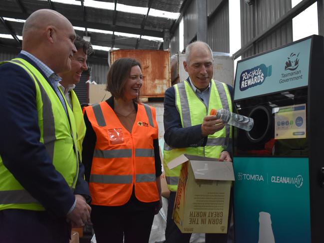 Ben Kearney, chair of TasRecycle, James Dorney, CEO TOMRA Cleanaway, Jo-Anne Fearman, City Mission CEO, Environment Minister Nick Duigan. Launching Recycle Rewards, Tasmania container deposit scheme. Picture: Supplied