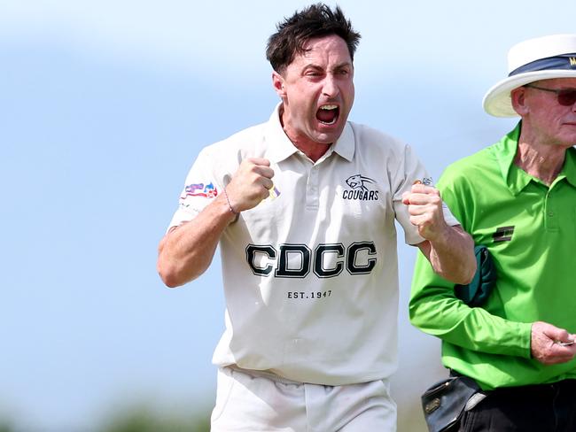 Carrum Downs celebrate taking the wicket of Patrick Nickeas of Balnarring during the Mornington Peninsula Cricket Association match between Carrum Downs and Balnarring at Carrum Downs Recreation Reserve, on November 16, 2024, in Melbourne, Australia. (Photo by Josh Chadwick)