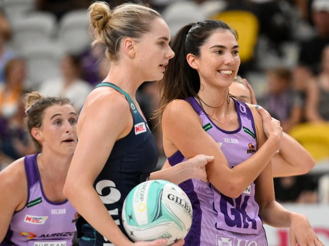 GOLD COAST, AUSTRALIA - FEBRUARY 25: Remi Kamo of the Firebirds reacts during the 2023 Team Girls Cup match between Melbourne Vixens and Queensland Firebirds at Gold Coast Sports and Leisure Centre on February 25, 2023 in Gold Coast, Australia. (Photo by Matt Roberts/Getty Images)