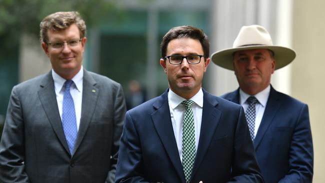 David Littleproud (front) with Member for Calare Andrew Gee and outgoing Nationals Leader Barnaby Joyce. Picture: AAP Image/Mick Tsikas