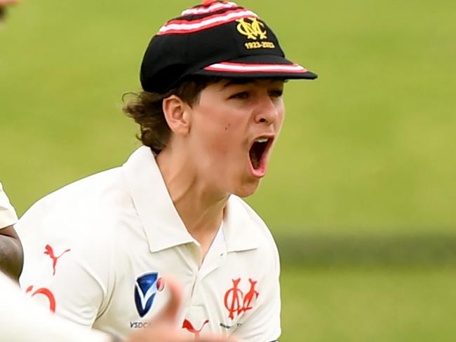 Alex Chandler of Moorabbin celebrates taking the wicket of RoryÃFreeman of Ormond during the VSDCA match between Moorabbin and Ormond at Moorleigh Community Village Reserve, on October 28, 2023, in Melbourne, Australia. (Photo by Josh Chadwick)