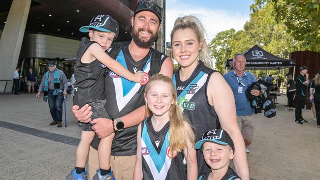 Port Adelaide and Brisbane fans at Adelaide Oval for the 2023 season opener against the Brisbane Lions on March 18, 2023. Picture Brenton Edwards