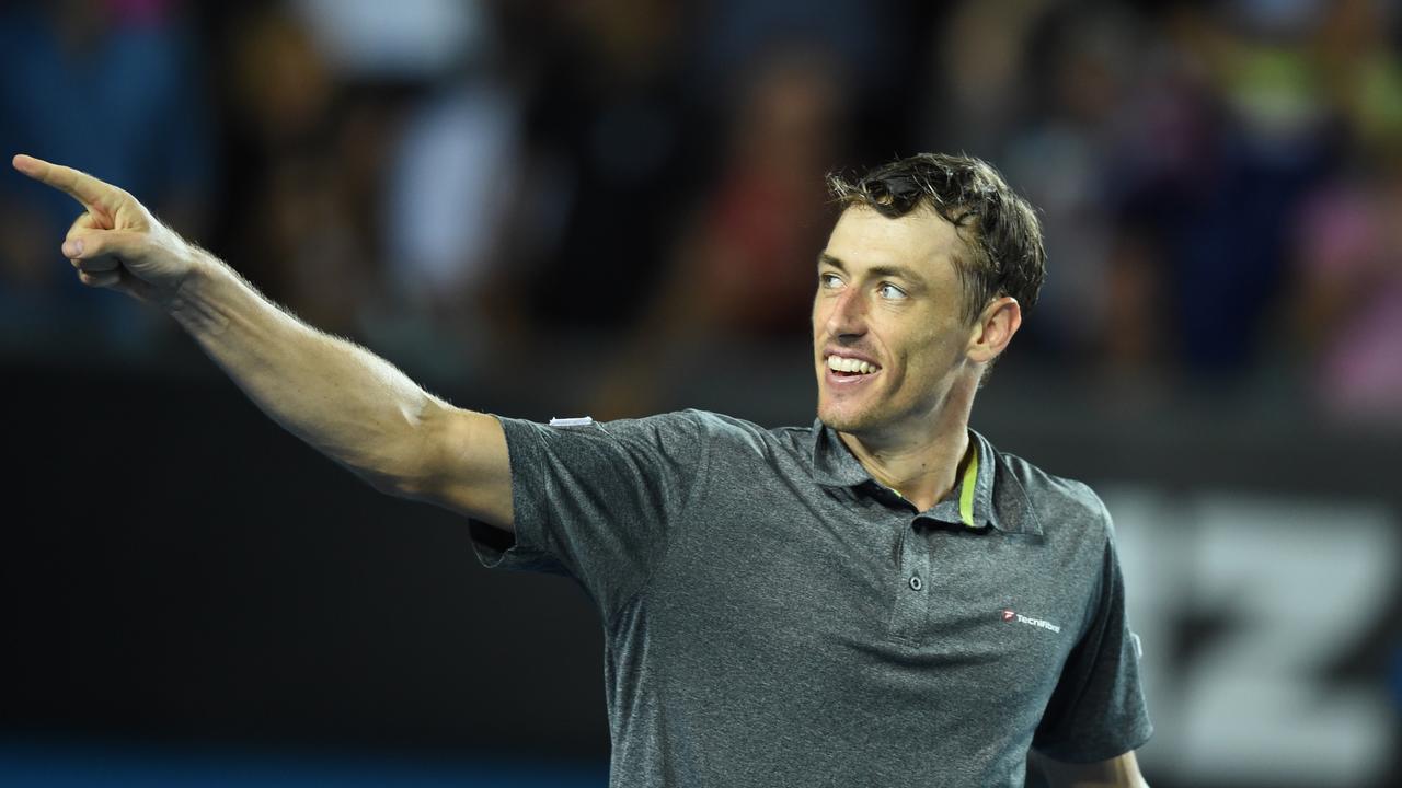 Millman celebrates victory over Gilles Muller at the Australian Open in 2016. Picture: AAP Image/Lukas Coch