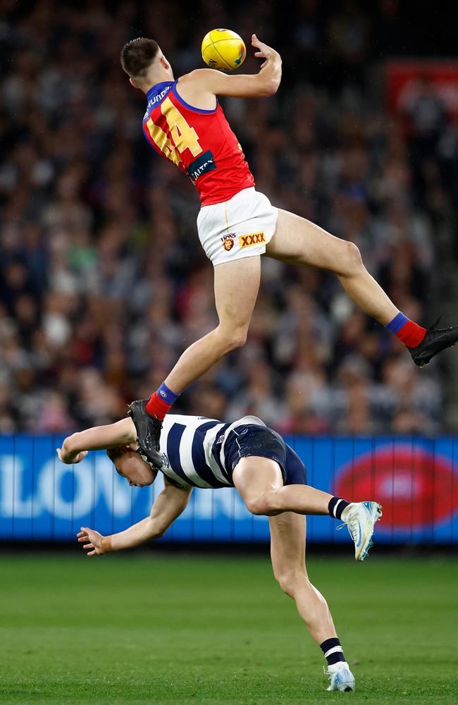 Darcy Wilmot soars high against the Cats. Picture: Getty Images