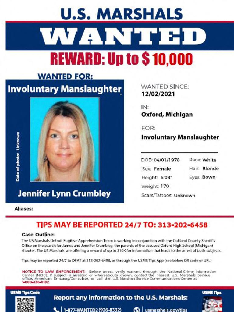A wanted poster for Jennifer Crumbley. Picture: US Marshals/AFP