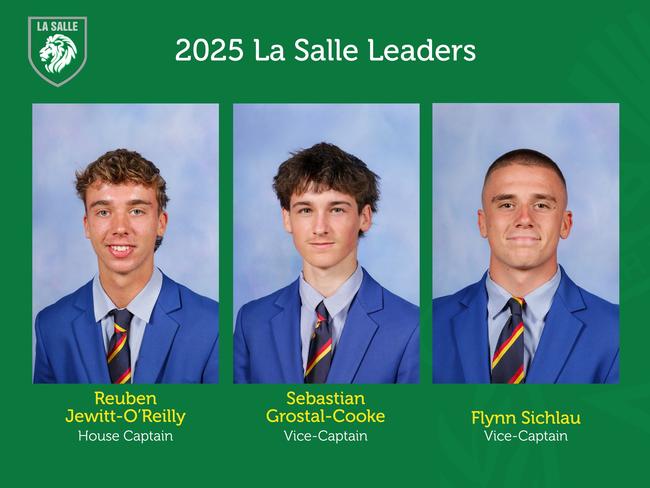 St Bede’s College — 2025 La Salle Leaders: Reuben Jewitt-O’Reilly (House captain), Sebastian Grostal-Cooke (Vice-captain) and Flynn Sichlau (Vice-captain).