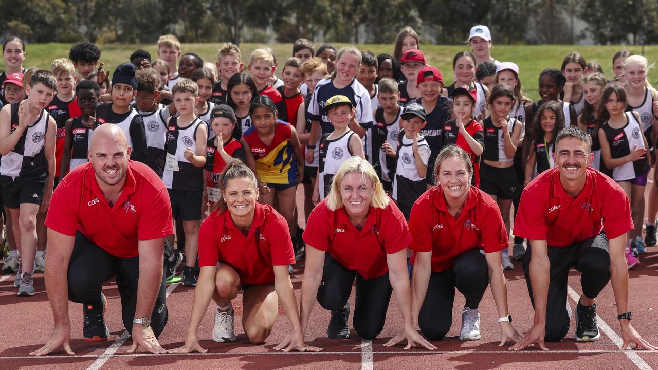 Matt Denny, Nina Kennedy, Sally Pearson, Kelsey-Lee Barber and Brandon Starc at the Keilor Little Athletics Club in Melbourne, to launch Coles’ Banana A-Peel. Picture: Martin Keep/Coles