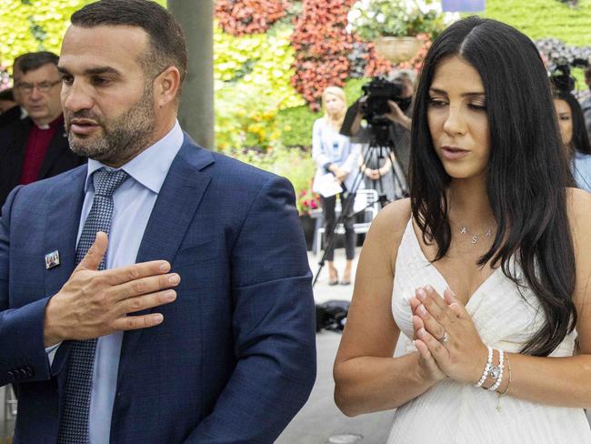 SYDNEY, AUSTRALIA - NewsWire Photos JANUARY 31, 2021: Leila and Danny Abdallah pray during the launch of i4give Day at  The Calyx, Royal Botanic Gardens in Sydney. Picture: POOL via NCA NewsWire / Jenny Evans