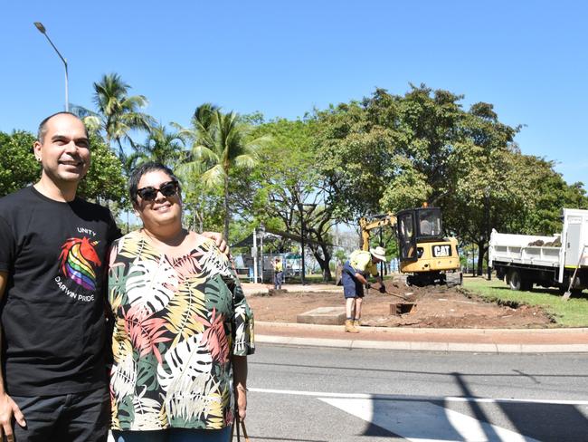 Darwin Pride committee members Ben Graetz and Andrea Wicking in front of the Daly St roundabout, which will be turned into a rainbow garden ahead of the Darwin Pride Festival. Picture: Will Zwar