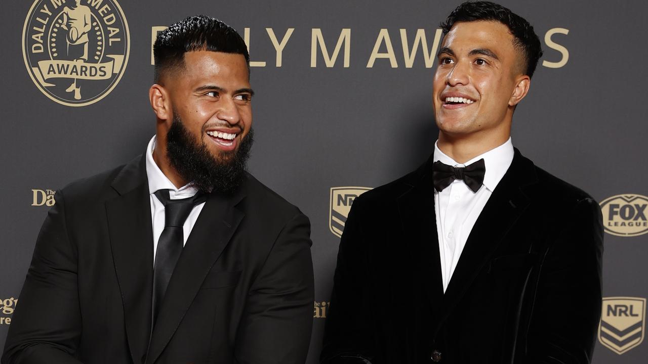 DAILY TELEGRAPH SEPTEMBER 28, 2022. Payne Haas and Joseph Suaalii on the red carpet for the 2022 Dally M Awards, held at Royal Randwick Racecourse. Picture: Jonathan Ng