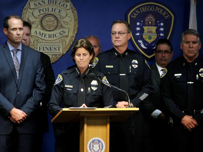 San Diego Police Chief Shelley Zimmerman said she knew the slain officer well. Picture: John Gastaldo/The San Diego Union-Tribune via AP