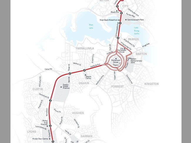 A map showing the preferred state circle route to Woden and the alternative Barton route. Source: Transport Canberra