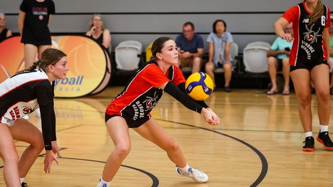 Grace and Molli Milne in action for Australian Volleyball Schools Cup Year 11 champions Benowa State High School. Picture: Rogue Gun Photography/Benowa State High School.