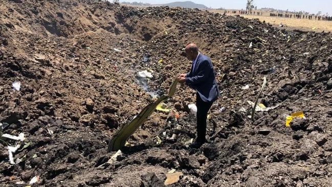 Image from the Ethiopian Airlines Facebook page showing the airline’s group CEO Tewolde Gebremariam at the accident site. Picture: Facebook. 