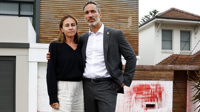 Alex Ryvchin with his wife Vicki outside their old home in Dover Heights that was targeted in another anti-Semitic attack. Picture: Jonathan Ng