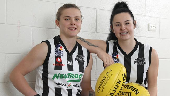 Crows AFLW player Chloe Scheer (L) with sister Abbey last year. Chloe featured with Payneham Norwood Union in the Adelaide Footy League women’s competition as part of her comeback from an ACL injury. Picture: Dean Martin