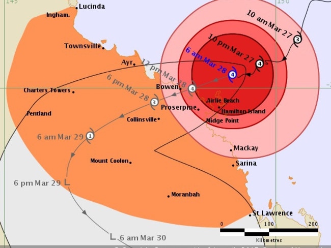 Tropical Cyclone Debbie is expected to hit the coast near Bowen about midday today, the latest BoM tracking map issued at 6am (Queensland time) on Tuesday, March 28, 2017 shows