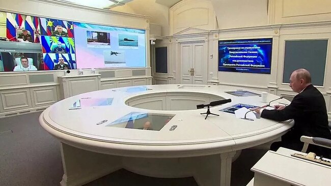 Russian President Vladimir Putin watches nuclear drills, by Russia’s strategic nuclear forces, via video link. Picture: Kremlin &amp; Russian Defence Ministry