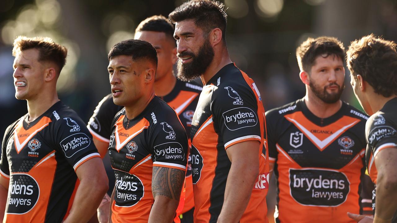 James Tamou and his teammates look dejected after letting in a Canberra try during the massacre at Leichhardt Oval. Picture: Mark Kolbe/Getty Images