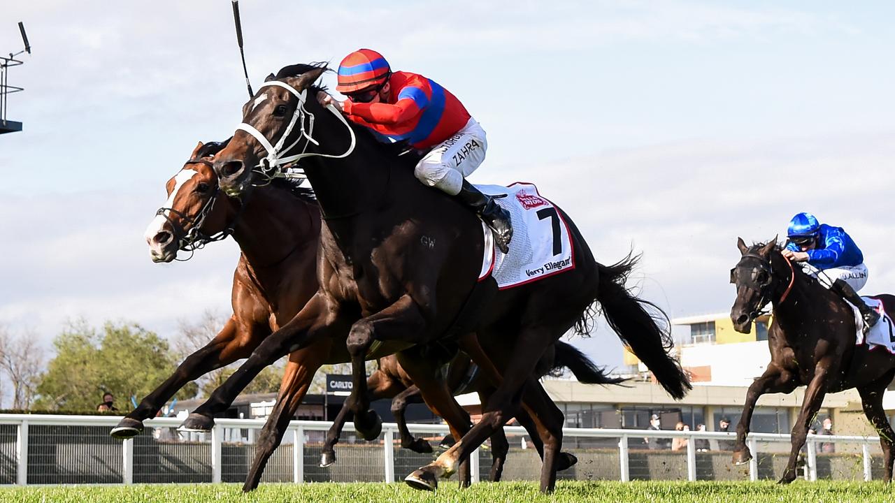 Verry Elleegant, ridden by Mark Zahra, wins the Caulfield Cup on October 17.