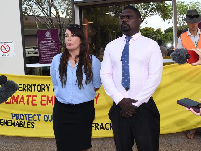 Anti Fracking Protesters  gather  outside Darwin Local Court before heading in  to court ,  Defendants Lauren Mellor and Conrad Rory .  Picture Katrina Bridgeford.