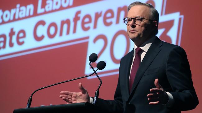 PM Anthony Albanese at the Victorian Labor Party conference at Moonee Valley Racecourse. Picture: NCA NewsWire / David Crosling