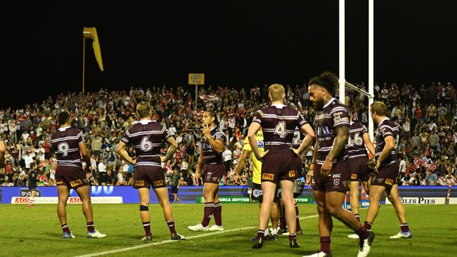 Manly were left dejected at the final whistle. AP Image/Dean Lewins.