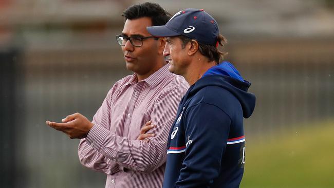 Club CEO Ameet Bains with Luke Beveridge at training. Picture: Getty Images