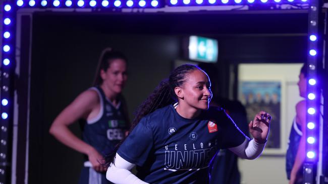 GEELONG, AUSTRALIA - OCTOBER 30: Haley Jones of Geelong United runs out during the round one WNBL match between Geelong United and Townsville Fire at The Geelong Arena, on October 30, 2024, in Geelong, Australia. (Photo by Kelly Defina/Getty Images)