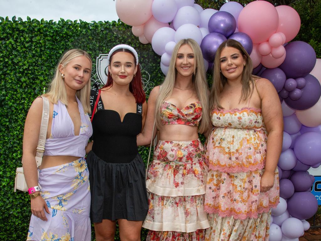 (From left) Bella Zwolsman, Bonnie Atkinson, Tyler Mitchell and Macy Lebsanft. Weetwood Raceday at Toowoomba Turf Club. Saturday, September 28, 2024. Picture: Nev Madsen.