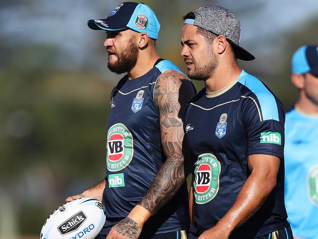 NSW winger Blake Ferguson and centre Jarryd Hayne training at Cudgen. Picture: Brett Costello