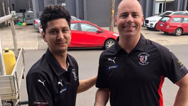 Current coach Robin Nahas (left) with outgoing North Ringwood president Lee Robinson (right). Picture: North Ringwood FC