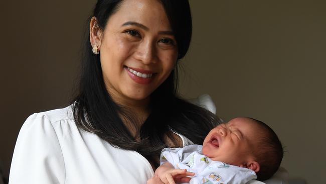 Ringwood North mother Mary Winkles says she would have been happy if her son Sariel arrived a little sooner rather than later. Picture: Julian Smith