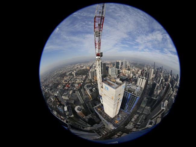 View from the crane on Melbourne CBD's tallest building under construction, Victoria One on Elizabeth Street. Picture: David Caird