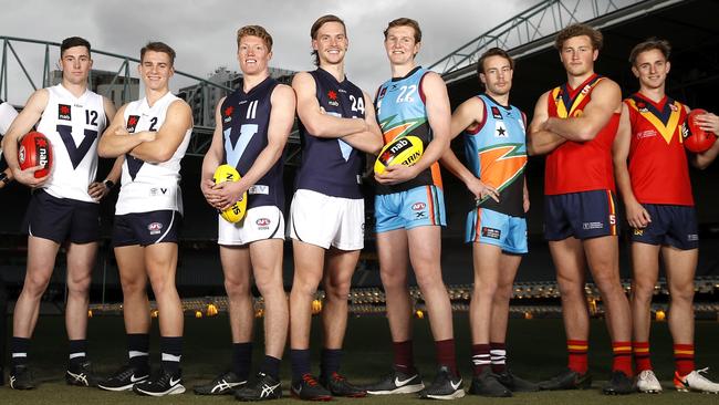 Lachlan Ash (Vic Country), Caleb Serong (Vic Country), Matt Rowell (Vic Metro), Noah Anderson (Vic Metro), Tom Green (Allies), Mitch O’Neill (Allies), Will Gould (SA) and Jackson Mead (SA) pose for a photo during the 2019 NAB AFL Under-18 Championships at Marvel Stadium. Picture: Dylan Burns/AFL Photos