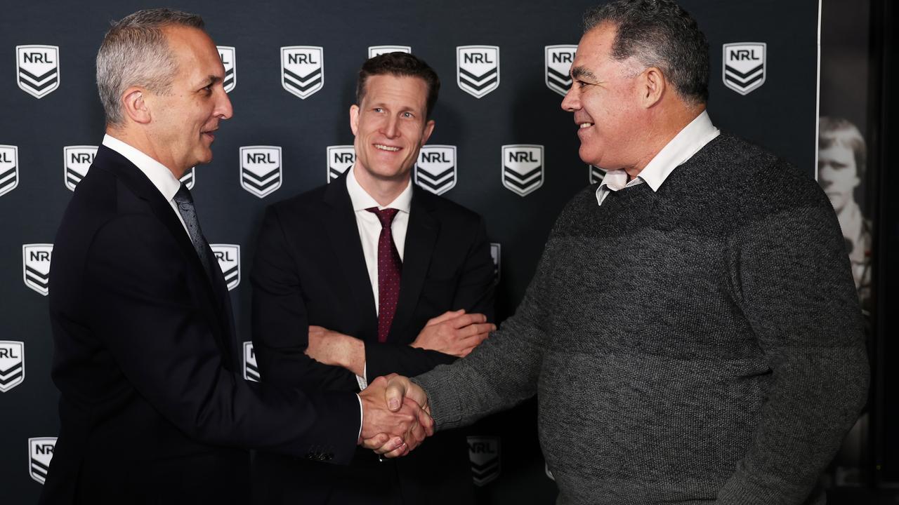 Mal Meninga shakes hands with NRL chief executive Andrew Abdo after agreeing to become the inaugural coach of the Perth Bears. Picture: Matt King/Getty Images