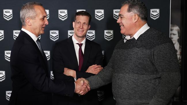 Mal Meninga shakes hands with NRL chief executive Andrew Abdo after agreeing to become the inaugural coach of the Perth Bears. Picture: Matt King/Getty Images