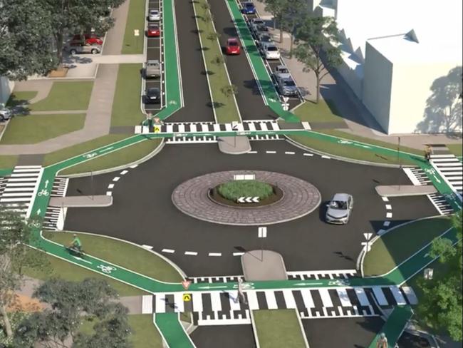 An artist impression of the new bike paths and roundabout.