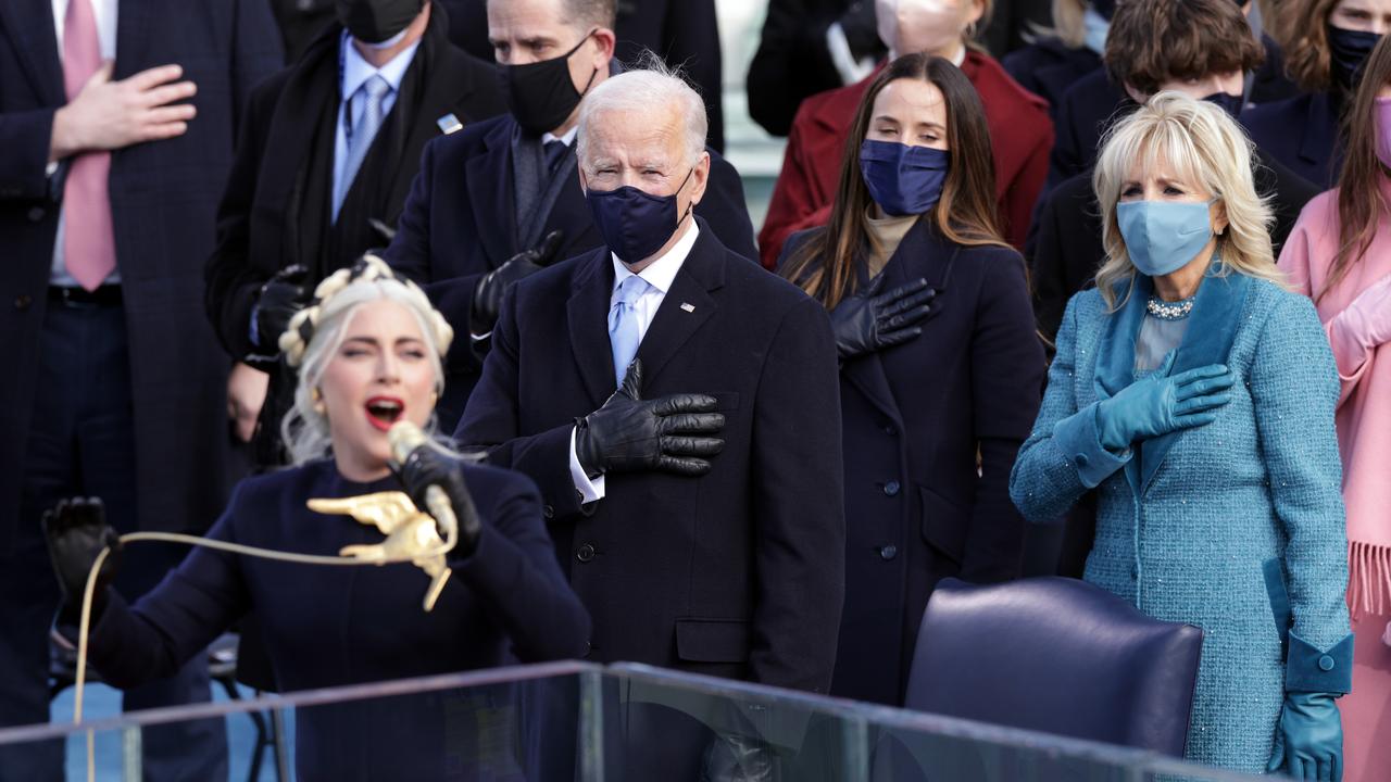 Lady Gaga sings the national anthem at Joe Biden’s inauguration. Picture: Getty Images